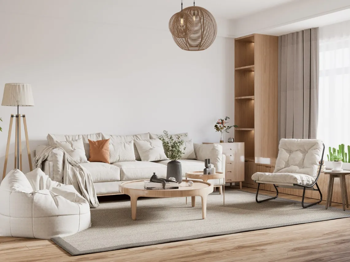 Bright, tidy living room after a home cleaning